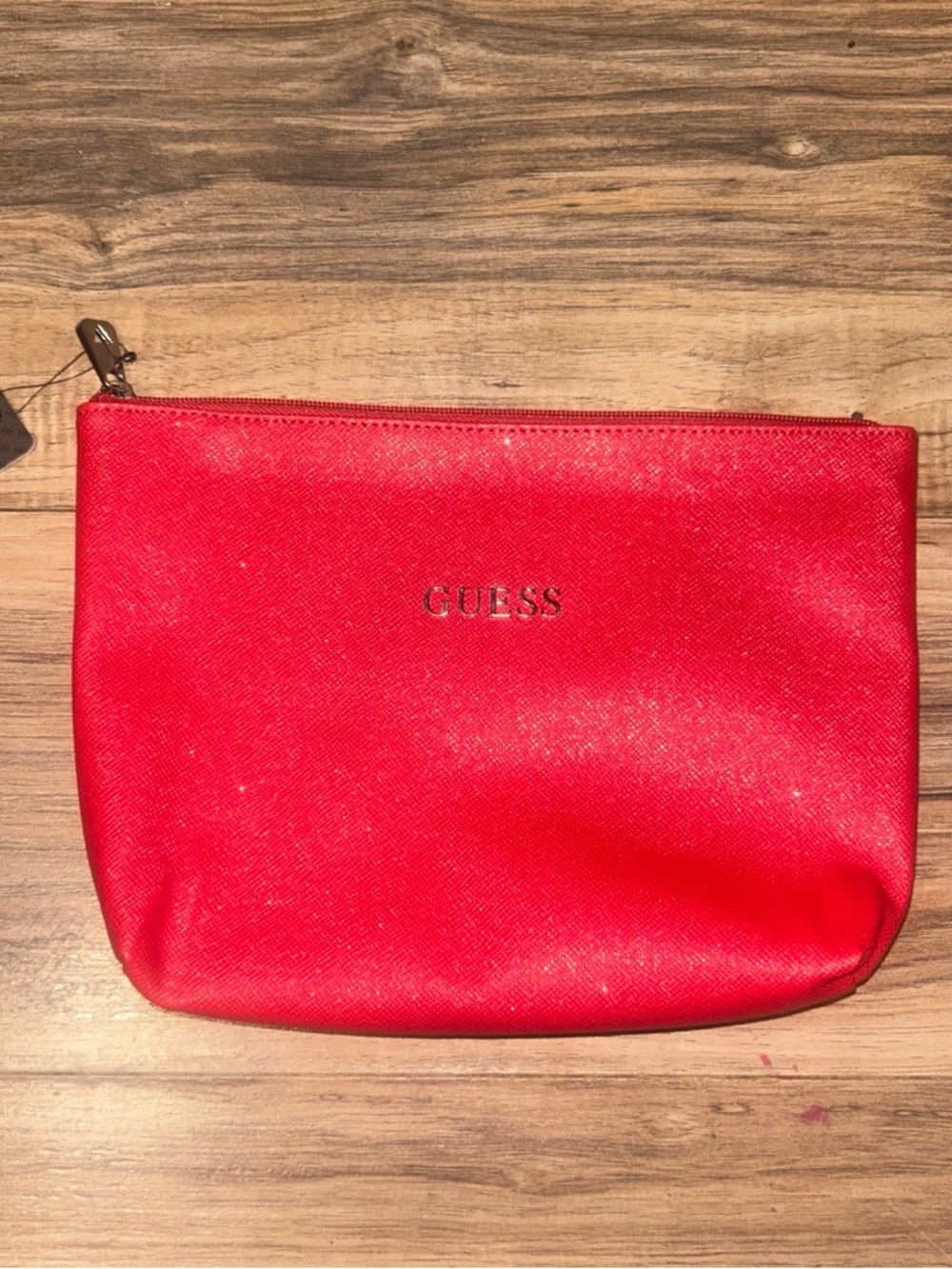 GUESS Red Textured Zip Cosmetic Pouch